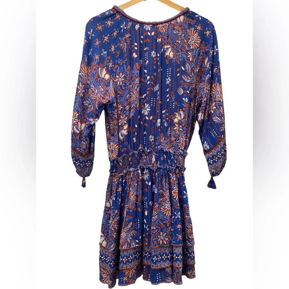 Poupette St. Barth Cotton Floral Long Sleeve V-Neck Smocked Waist Mini Dress - Picture 4 of 7